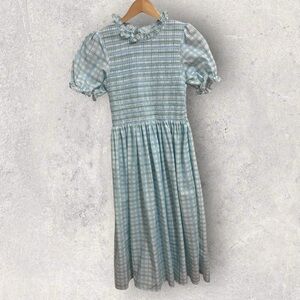 Smockingbird blue puff sleeve plaid midi dress